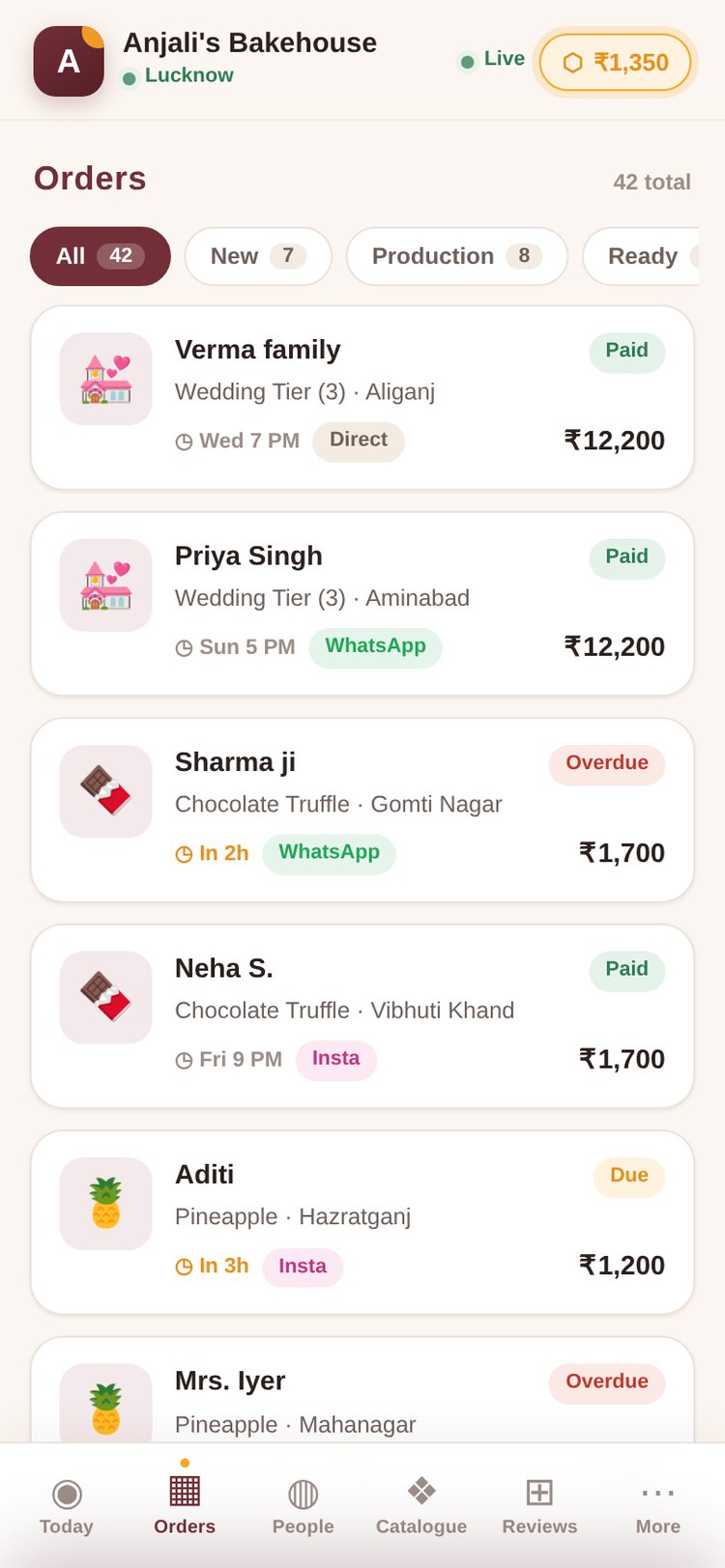 Bakery demo: a payment reminder drafted automatically, sitting in approve-and-send state.