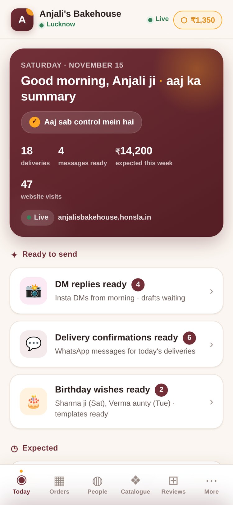 Bakery demo: the morning briefing showing the day's orders, customer messages, and decisions needed.
