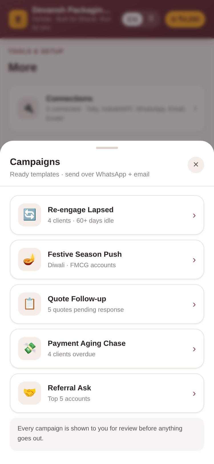 Packaging demo: AI-suggested repeat and seasonal orders for existing clients, with lead generation cues.